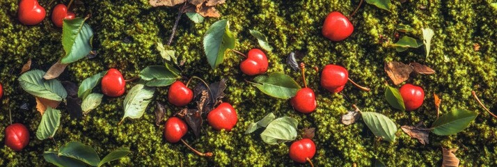 Fresh red cherries scattered over green moss with leaves and fallen foliage