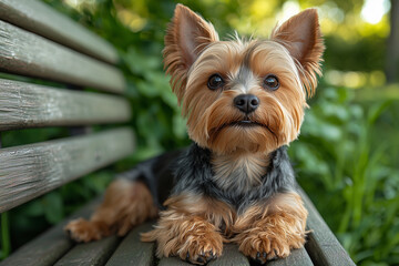 Lifestyle Realism of a Groomed Yorkshire Terrier with a Shiny Coat and Trimmed Hair Sitting on a Park Bench During a Sunny Afternoon, Lush Greenery in the Background