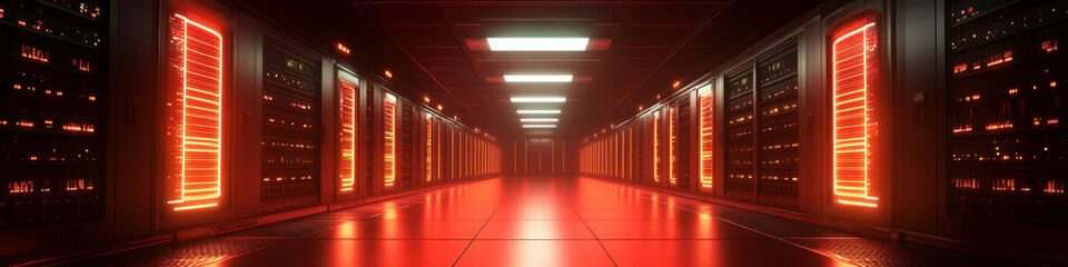 Fototapeta premium Server racks line a hallway, glowing with red light, creating a high-tech atmosphere. Concept of data centers or digital storage. For technology presentations.