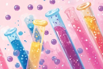 Colorful test tubes filled with vibrant liquids against a pink background, showcasing a scientific experiment