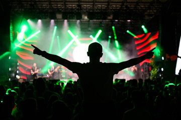 Man raising arms in excitement at lively concert scene