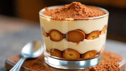 Delicious dessert made with creamy layers and soft cookies served in a stylish glass on an elegant plate