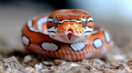Obraz premium Close-up of an orange snake coiled on ground. Nature wildlife reptile photography