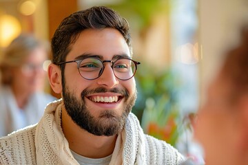 Obraz premium Young Man with a well groomed beard and eyeglasses laughing and relaxing in a spa while getting hot stone therapy.