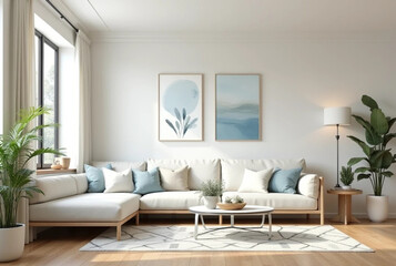 Fototapeta premium Modern living room in light beige, pastel blue and white tones. Comfortable sofa, glass coffee table, geometric rug, large windows, minimalist decor with plants, abstract art, and polished wood floors