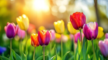 Obraz premium Vibrant Sunset Tulips: A Colorful Spring Meadow