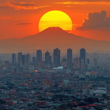 Stunning Manila Cityscape at Sunset with Sun Setting Behind the Iconic Mount Arayat in the Philippines - Breathtaking Urban Skyline and Vibrant Evening Colors