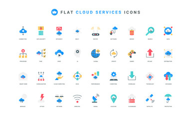 Cloud service for efficient work, games and computing, connection for data exchange and unload, update and distribution color icon set. Information allocation flat elements vector illustration