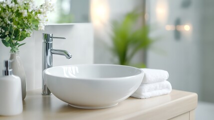 White sink with a faucet and a vase of flowers on top
