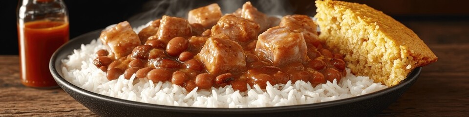 Satisfying Southern Comfort Food: Delicious Rice with Hearty Beans and Juicy Ham Simmered to Perfection, Served with Classic Southern Cornbread and Hot Sauce