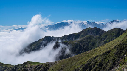 Fog in the valleys and sun on the mountain tops in the Pyrenees, France