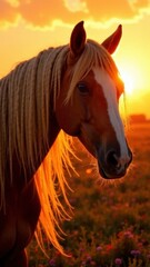Fototapeta premium Beautiful portrait of a bay horse in the rays of the setting sun. Symbol of the new year 2026 according to the Chinese calendar. Eastern horoscope. Red fiery horse