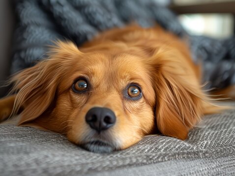 A brown dog with big eyes is laying on a couch