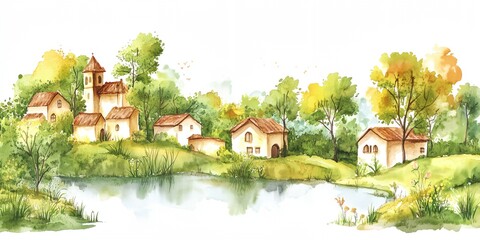 Painting of a small town with a river running through it
