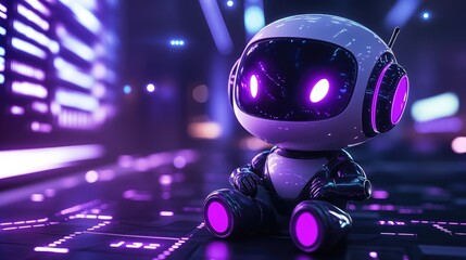 Cute robot sits in futuristic city; neon lights, digital background; AI, technology concept