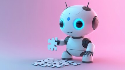 Cute robot solving puzzle; pink background; AI problem-solving; tech illustration