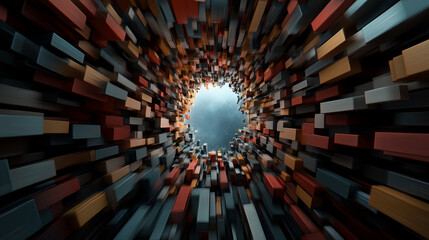 Colorful 3D blocks create dynamic tunnel effect