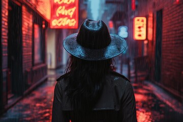 A woman in a fedora walks through a rain-soaked city street at night, neon lights reflecting in the wet pavement.