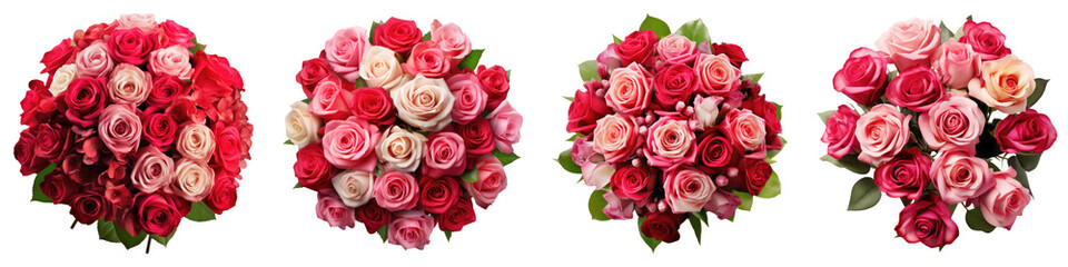 Bouquet of red and pink rose isolated on transparent background, PNG, set of