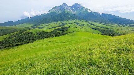 Fototapeta premium Lush green meadow, majestic mountain backdrop, scenic landscape, travel poster