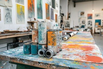 Organized Printmaking Tools: Rollers and Brayers Displayed Neatly on Surface for Artistic Creation and Design Projects