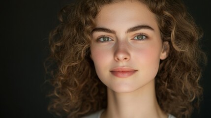 Fototapeta premium Young caucasian female with curly hair and green eyes on dark background