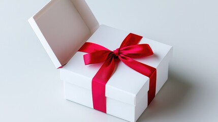 Open white gift box with red ribbon, on white background; perfect for holiday promotions