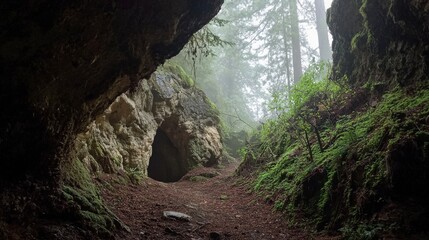 Fototapeta premium Misty Morning in an Ancient Redwood Forest with Sunlight Filtering Through