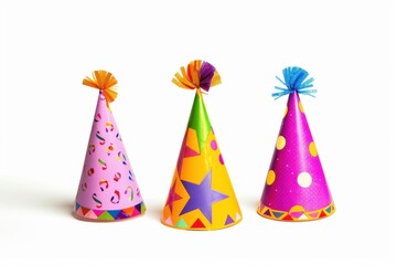 Colorful party hats stacked together on a white background, ready for a joyful celebration or festive gathering filled with laughter and cheer isolated on transparent background