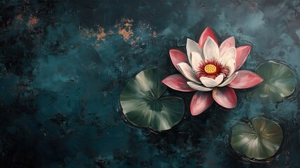 A serene lotus flower floats gracefully on still, dark waters, its soft petals radiating elegance against a textured, painterly backdrop.
