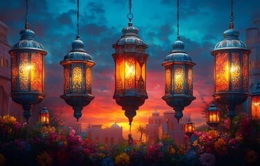Obraz premium Illuminated Hanging Lanterns Against a Vibrant Dusk Sky with Silhouetted Cityscape and Flora