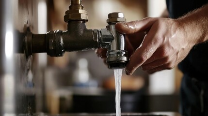 A close-up portrait of a plumber fixing a pipe in a residential home, Plumbing repair scene, Skilled and hands-on style