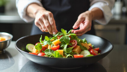 Chef preparing a fresh vegetable salad with hands in a modern kitchen