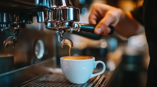 Espresso flow from coffee machine into cup in café setting