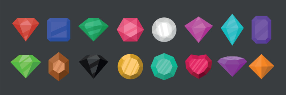 Vector Simple Minimalistic Gemstone Icon Set. Diamond, Crystal, Rhinestones Closeup Isolated. Jewerly Concept. Design Template of Gemstones, Gem Clipart. Front View