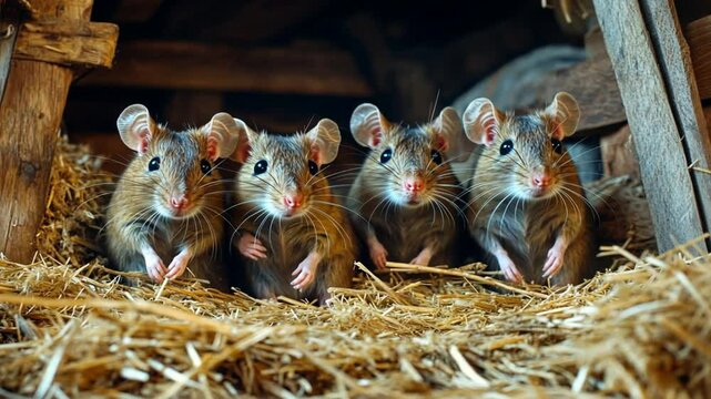 Four brown rats sitting in a pile of hay in a barn