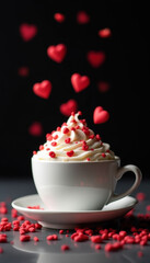 Fototapeta premium White mug with whipped cream topped with red heart sprinkles, surrounded by floating hearts on a black background.