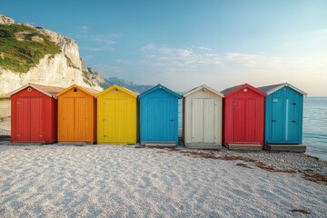 Naklejka premium Vibrant Beachfront Charm: Colorful Row of Beach Huts Adorning Sandy Shoreline