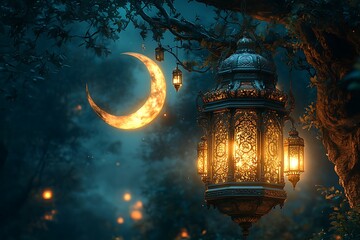 Illuminated Lantern Hanging from a Tree with a Crescent Moon in the Background at Night

