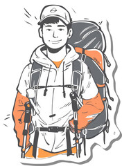 A Smiling Hiker Carries A Large Backpack And Trekking Poles