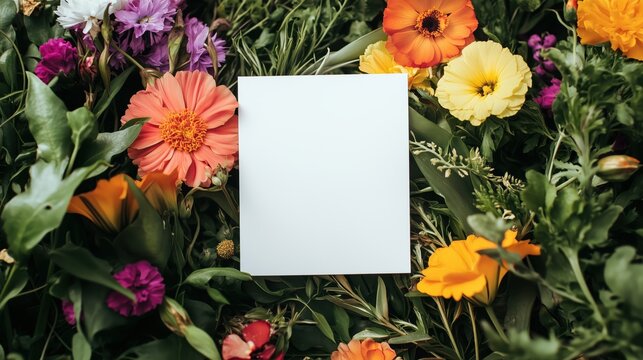 Surrounded by vivid blooms and lush green leaves, a pristine white card stands out, ready to capture sentimental messages in a serene, dreamy setting.