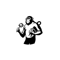 Illustrated Monkey Silhouette Holding Objects on a White Background