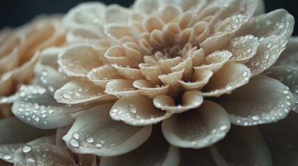 A detailed close-up of zinnia petals reveals their intricate lines and curves, glistening with fresh droplets of water.