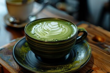 Green tea matcha latte art in a stylish cup is sitting on a wooden table, creating a cozy and inviting cafe scene