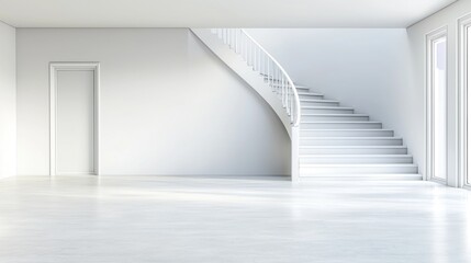 Obraz premium Modern white interior; spiral staircase; bright room; empty space; home design