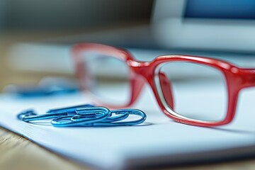 Red glasses, blue clips, office desk, laptop blur