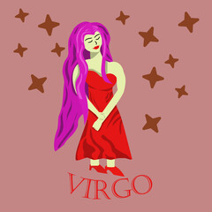 Vector illustration of the zodiac sign virgo. Portrait of a woman, a virgin, a woman in a red dress with long hair. Zodiac sign, horoscope, sign.
