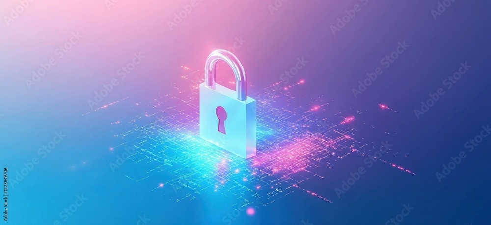 Poster digital security background vector with a white lock and binary code on a light blue gradient, a cyb