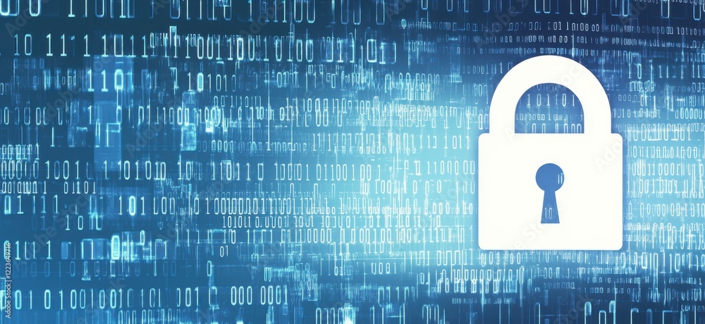 Poster digital security background vector with a white lock and binary code on a light blue gradient, a cyb