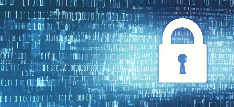 Digital security background vector with a white lock and binary code on a light blue gradient, a cyber web banner for site illustration design Generative AI